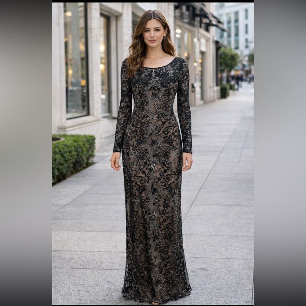 Tadashi Shoji Black and Gray Long Sleeve Dress